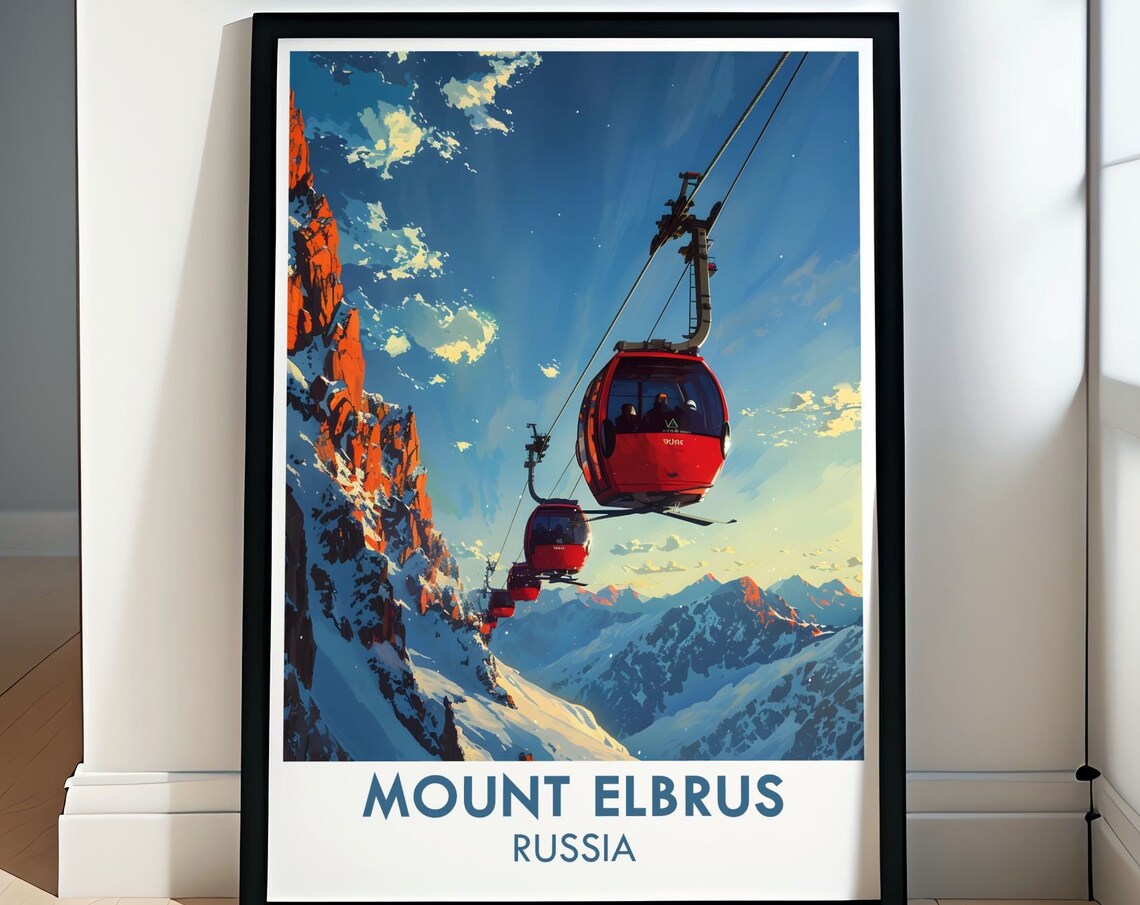 Mount Elbrus Red Cable Cars Floating Above Snowy Peaks Russia Poster