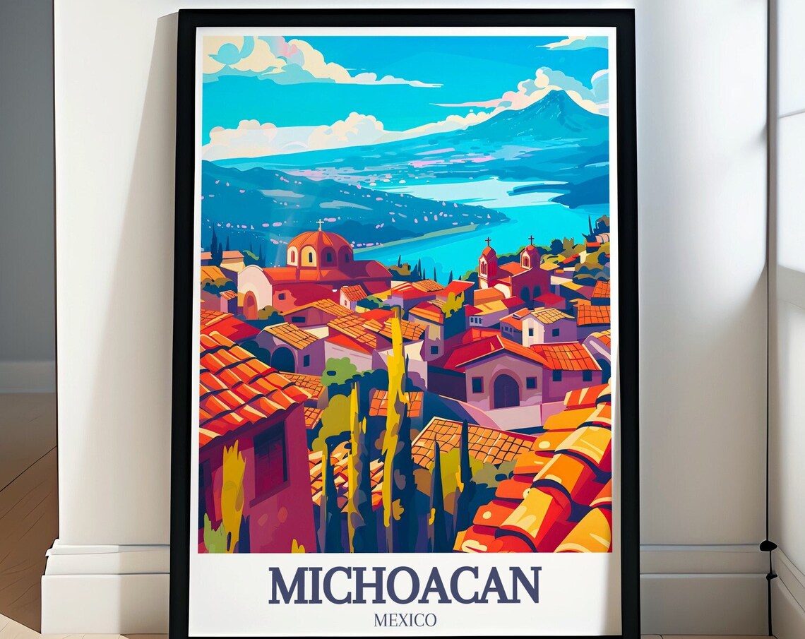 Michoacan Mexico Lakeside Town Rooftops Volcano View Travel Poster