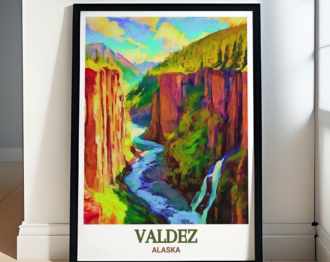 Colorful Valdez Alaska Keystone Canyon Waterfall River Travel Poster