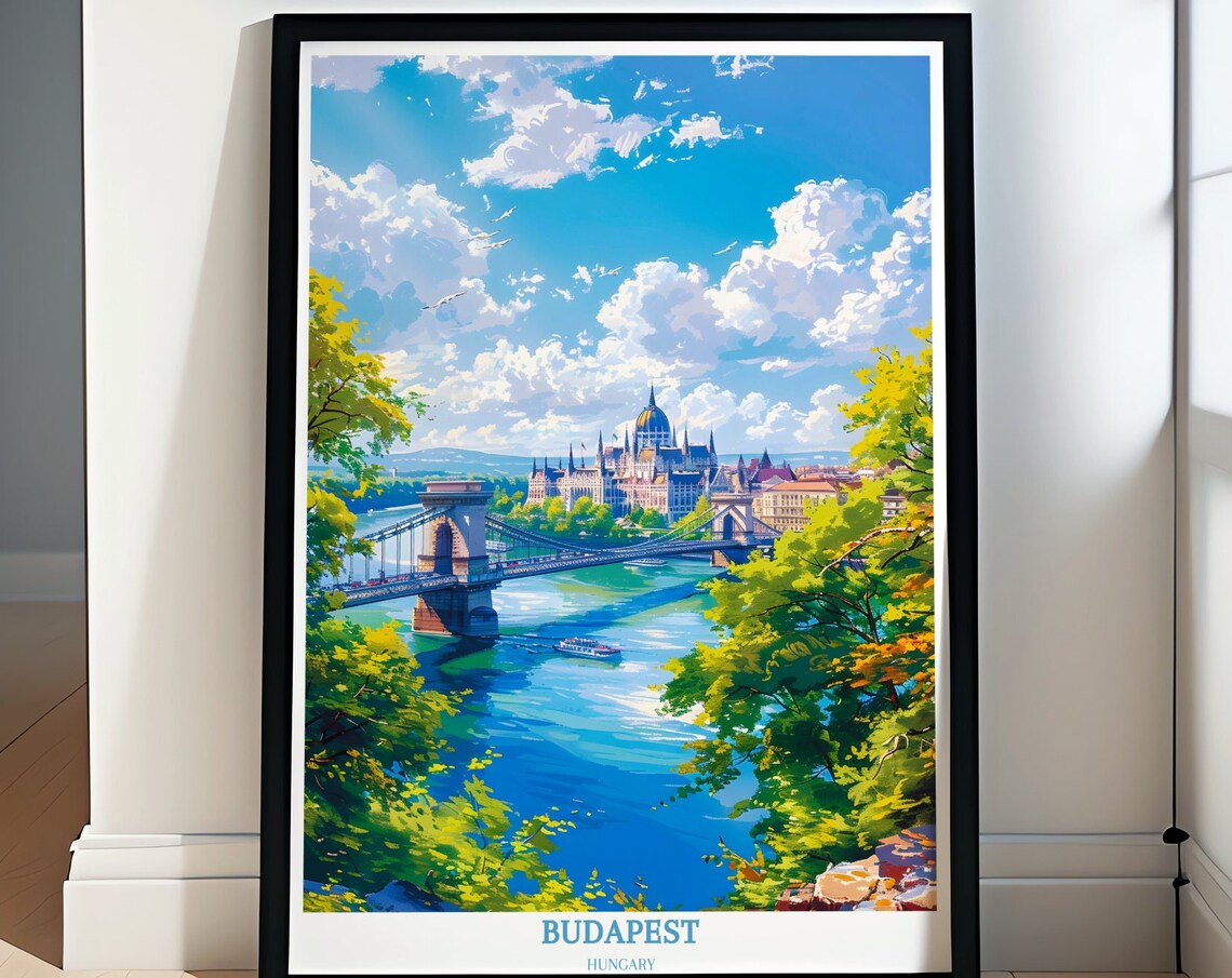 Budapest Hungary Chain Bridge Parliament Danube Overlook Travel Poster