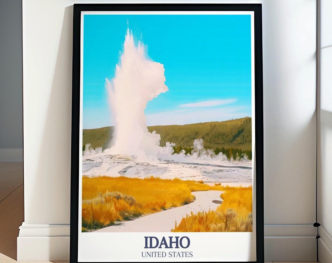 Idaho Old Faithful Geyser Erupting Golden Meadow Landscape Print