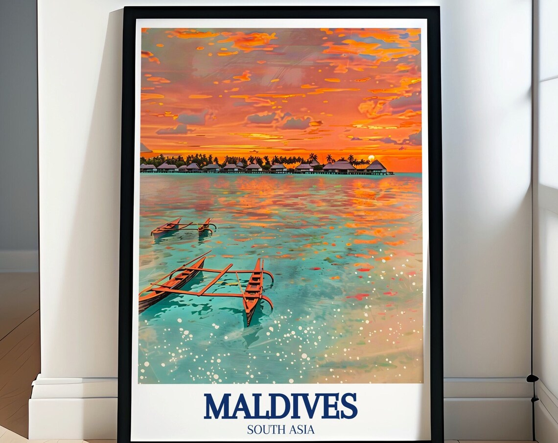 Maldives Resort Overwater Villas Sunset Lagoon Travel Poster