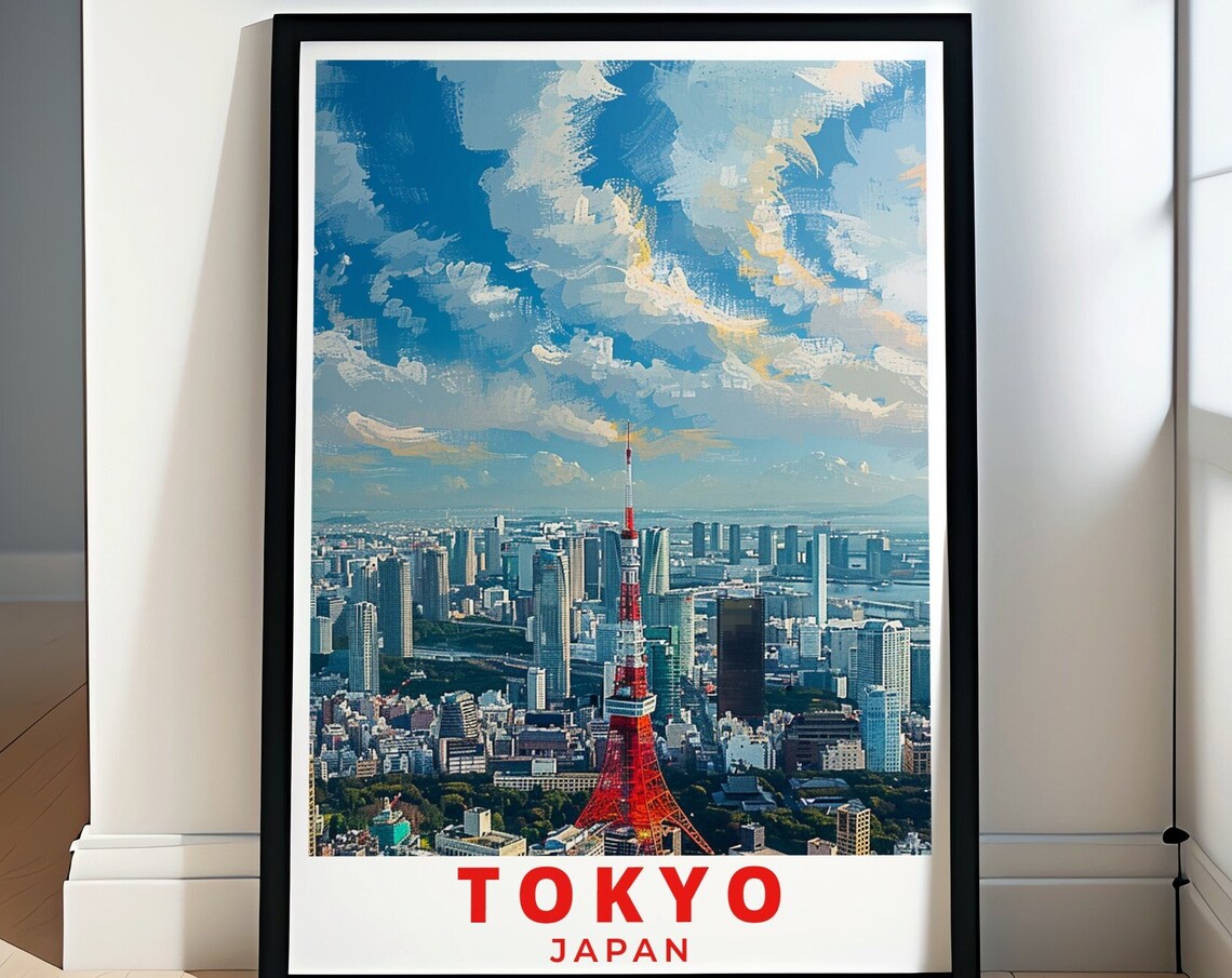 Tokyo Japan Red Tokyo Tower Under Sweeping Painted Clouds Poster