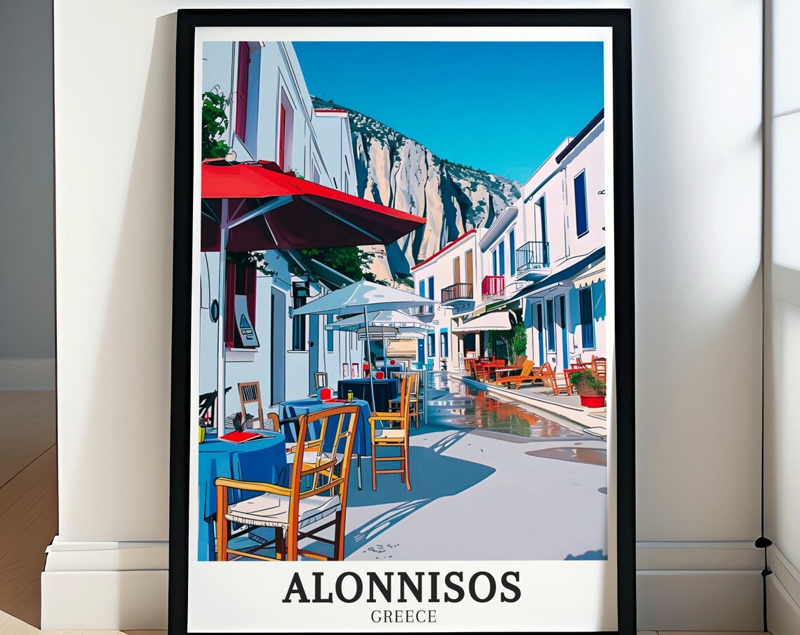 Alonnisos Old Town Cafe Street with Aegean Cliffs Greece Travel Poster
