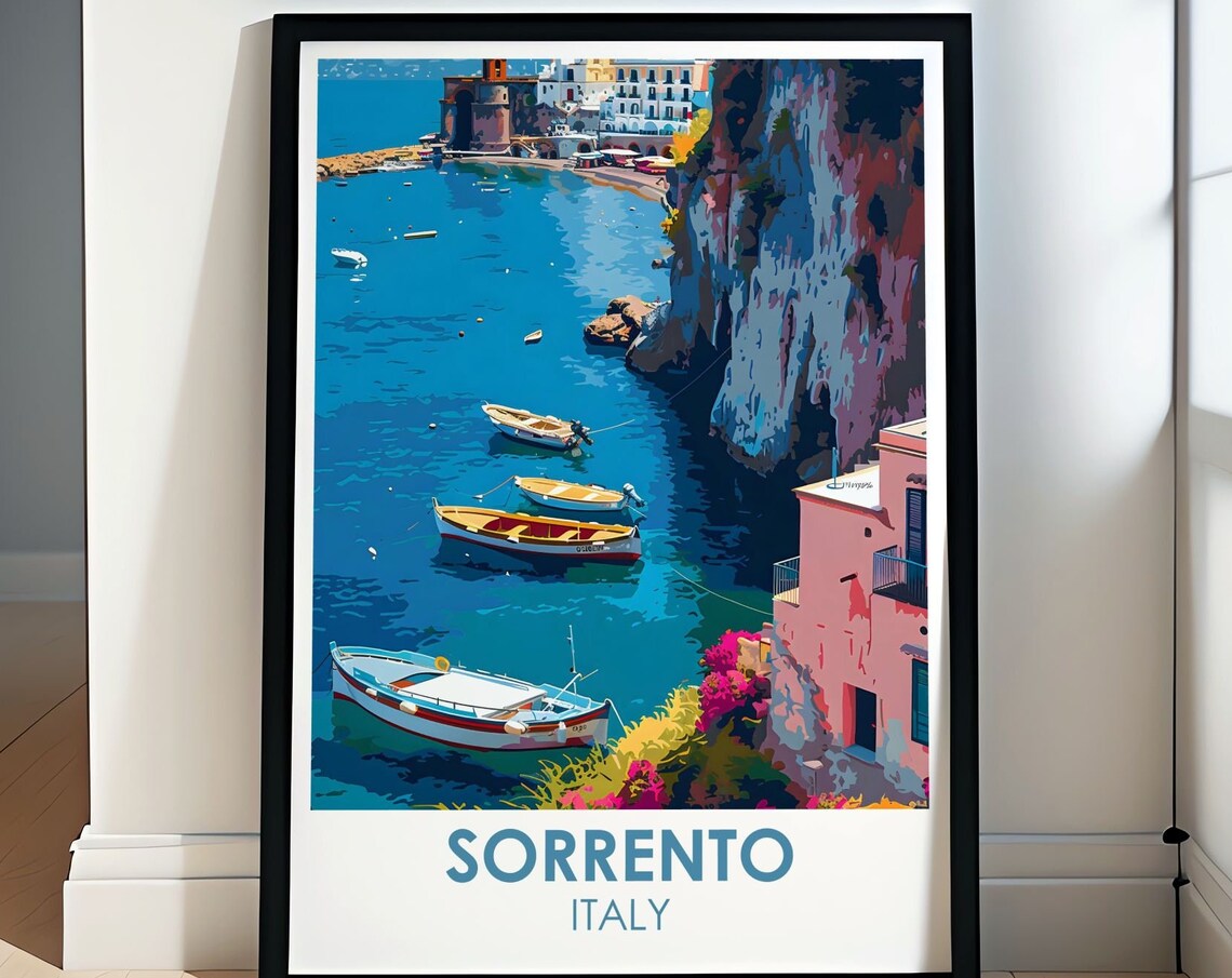 Sorrento Italy Harbor Boats And Cliff Houses Amalfi Travel Poster