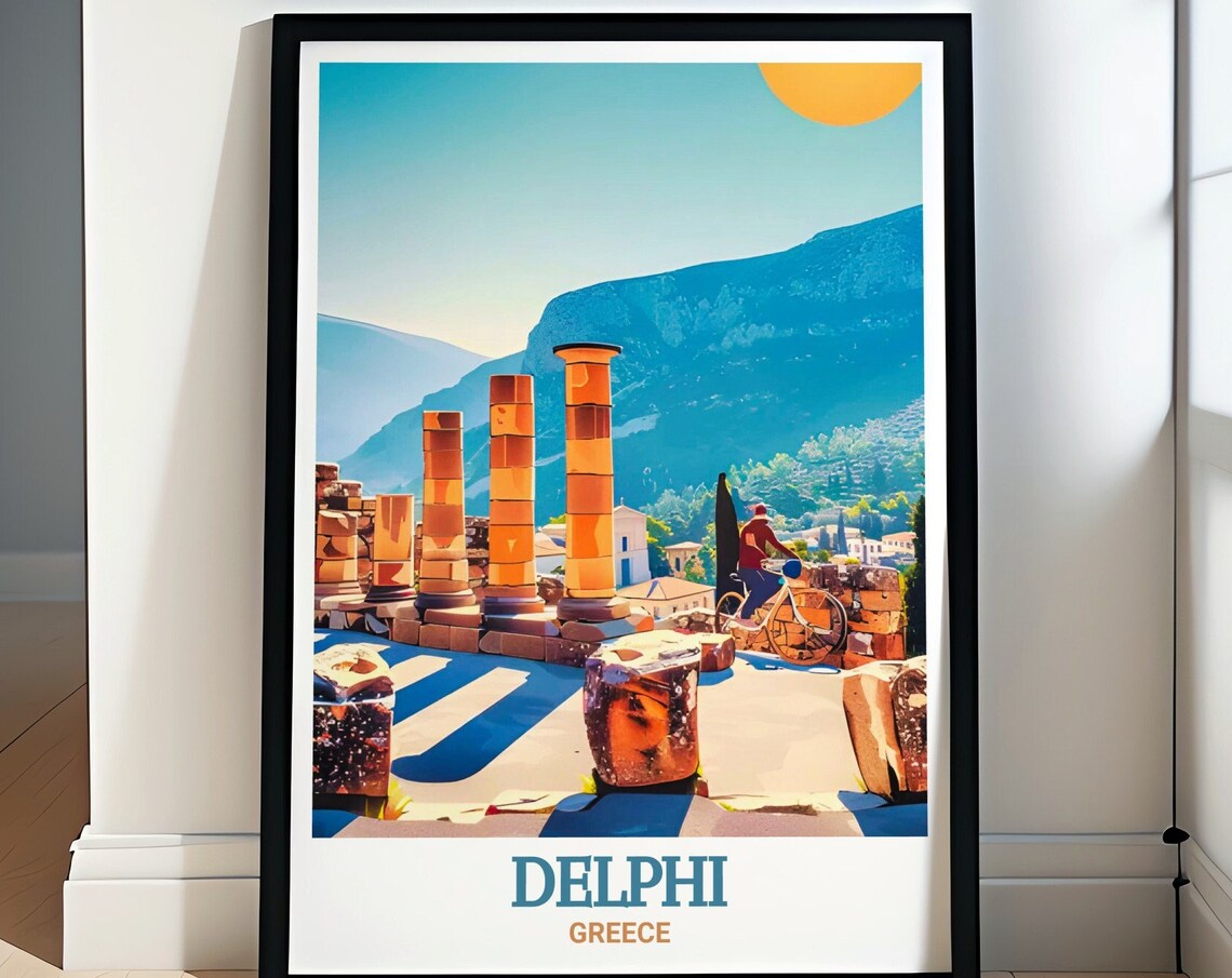 Temple Of Apollo Ruins At Delphi With Cyclist Retro Travel Poster