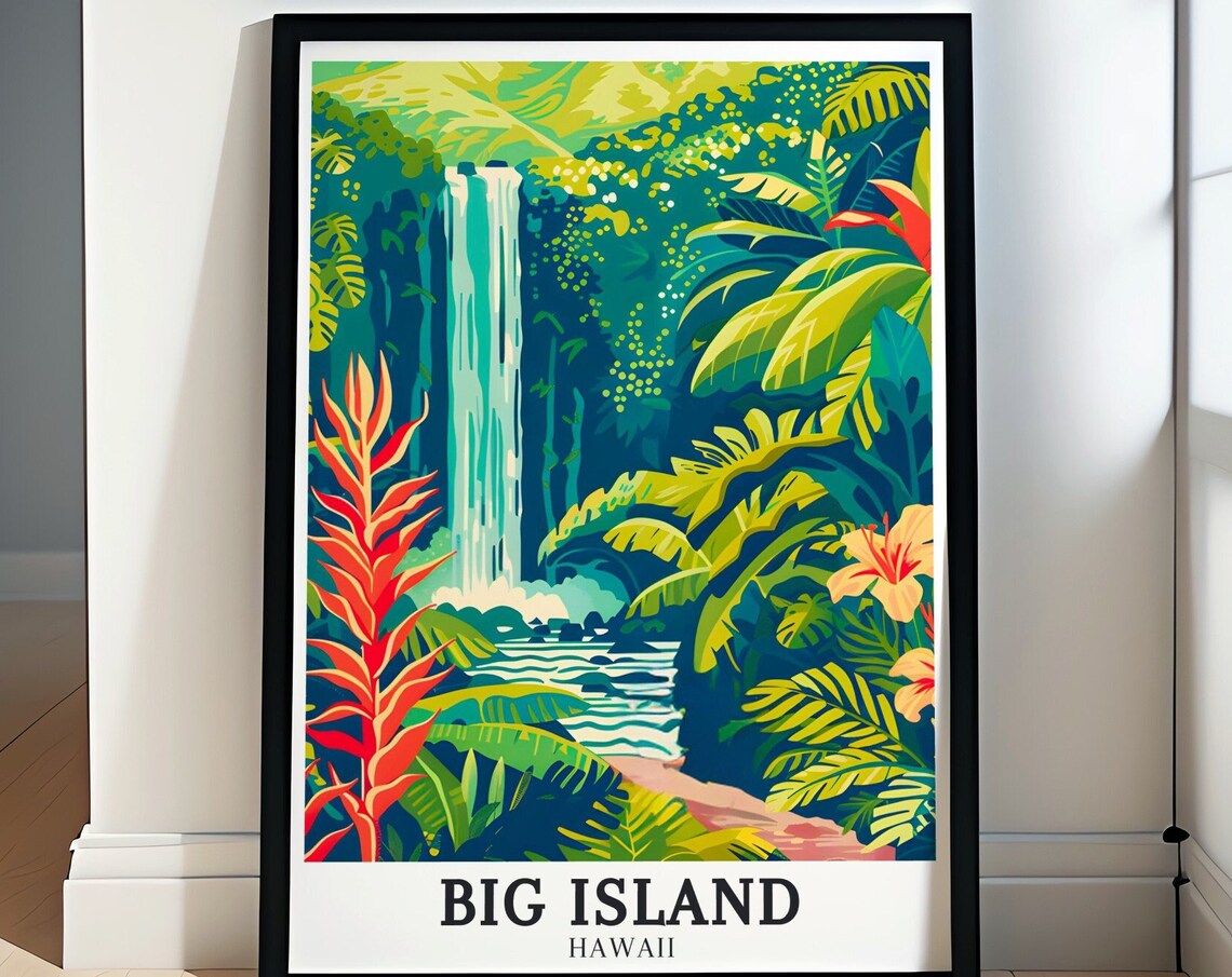 Hawaii Big Island Lush Tropical Waterfall Rainforest Travel Poster