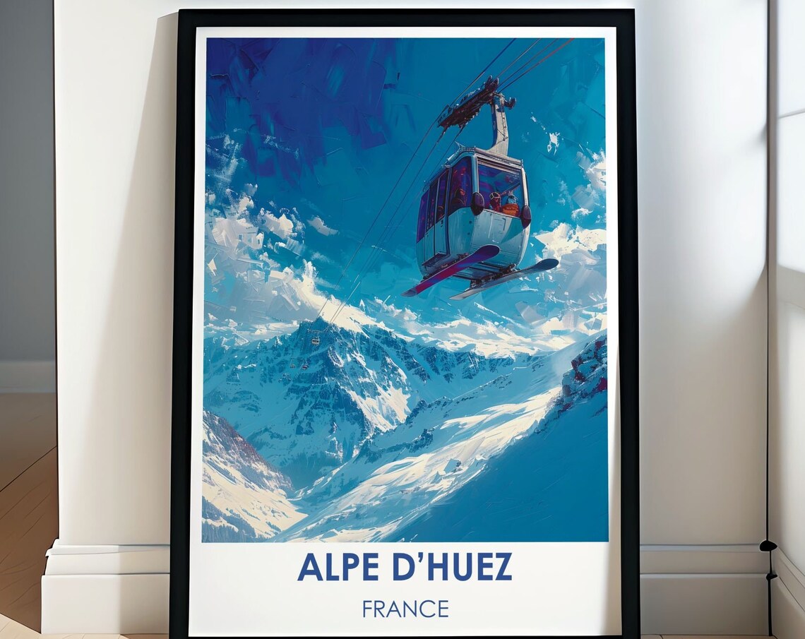 Alpe d'Huez France Gondola Cable Car Snowy Peaks Winter Poster