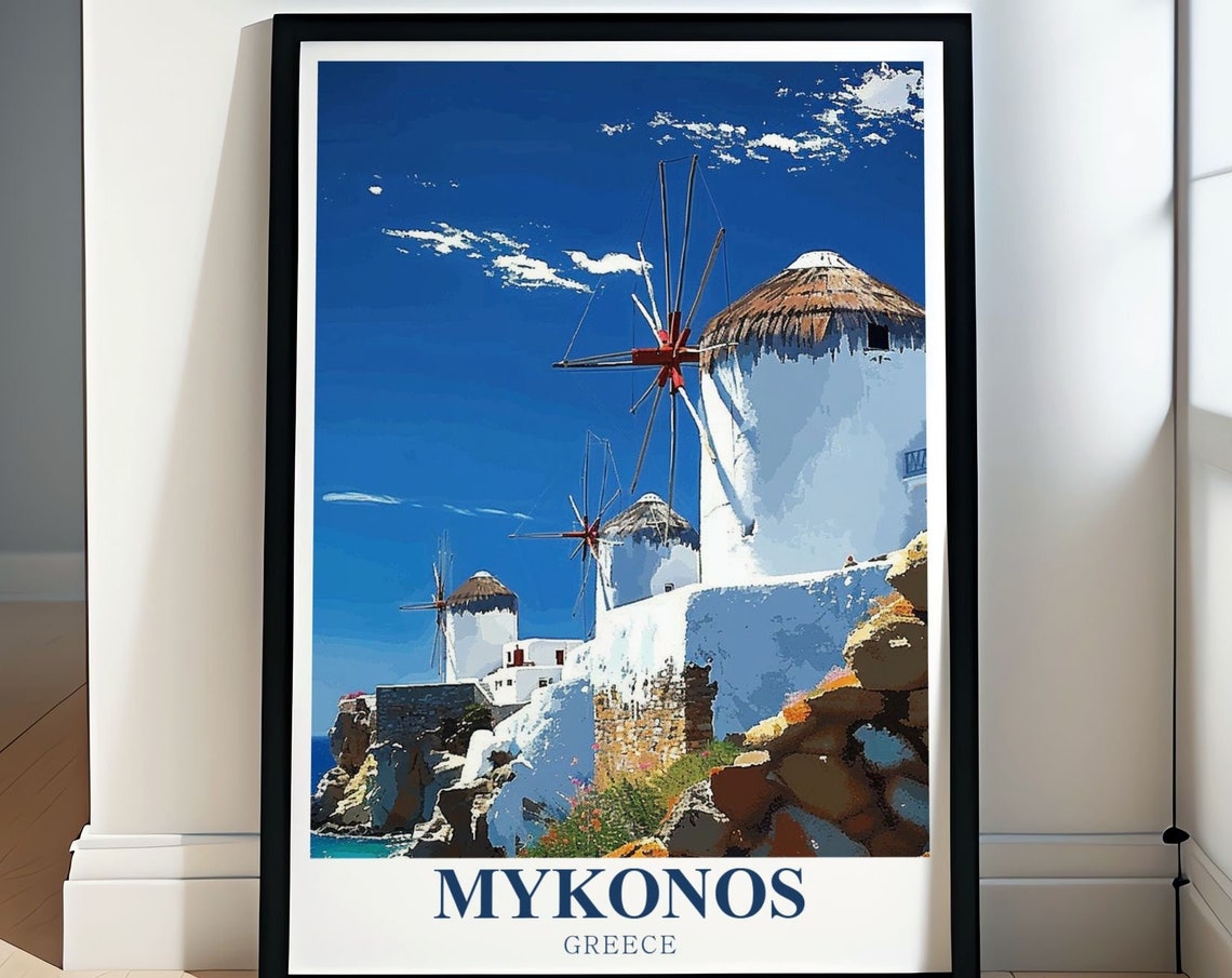 Mykonos Windmills Row Under Deep Blue Aegean Sky Greece Island Poster