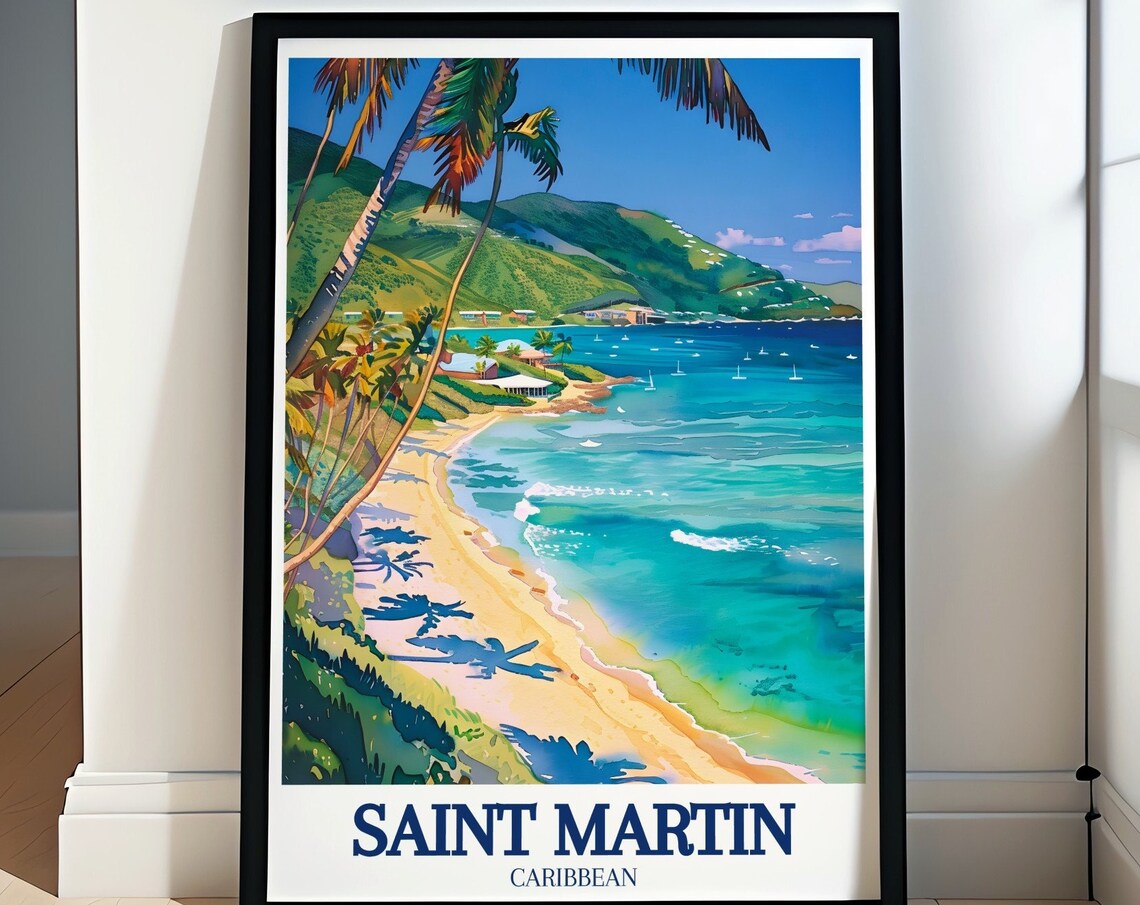 Saint Martin Caribbean Palm Beach Bay Watercolor Tropical Poster