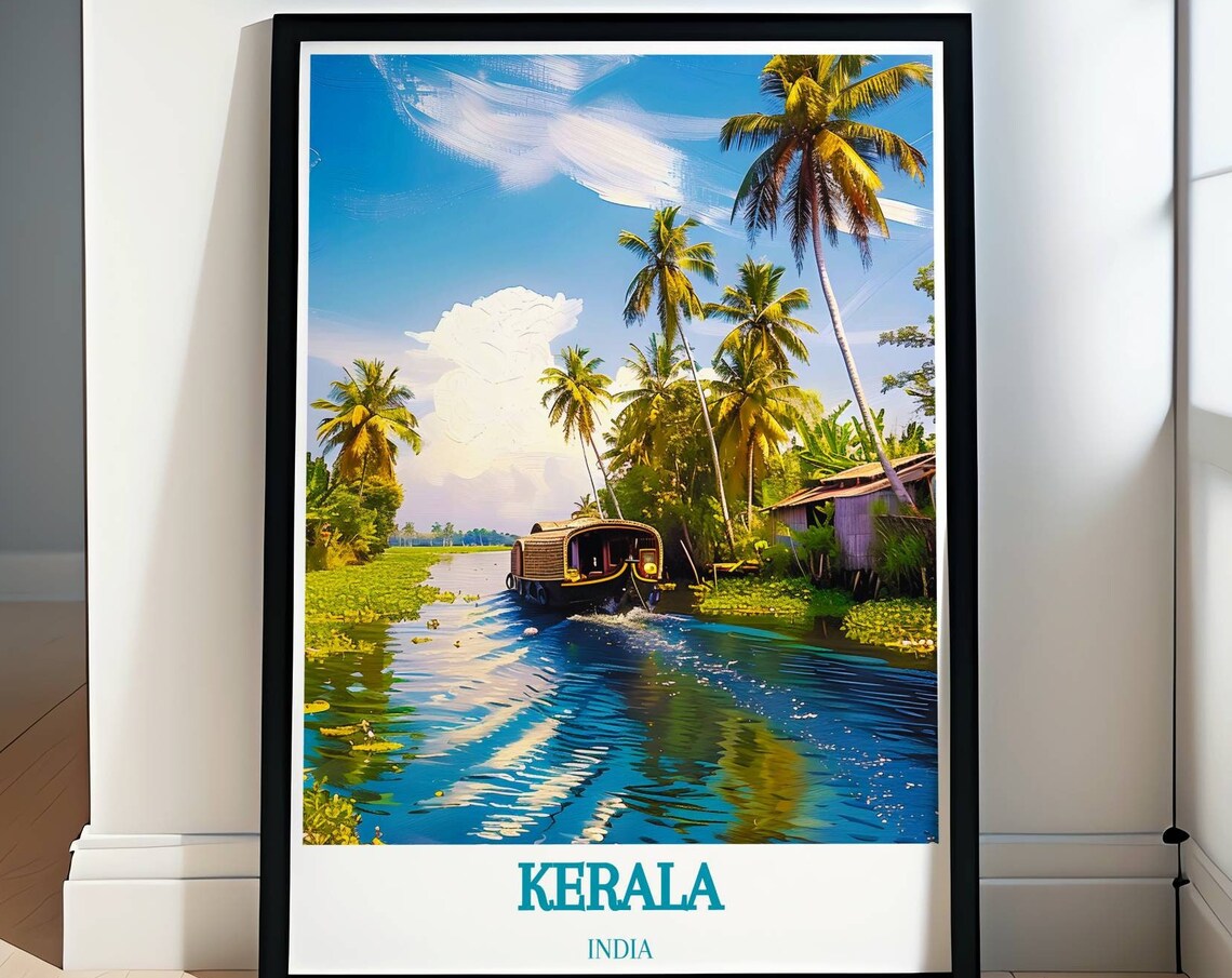 Kerala Backwaters Houseboat Tropical Palms Travel Poster India