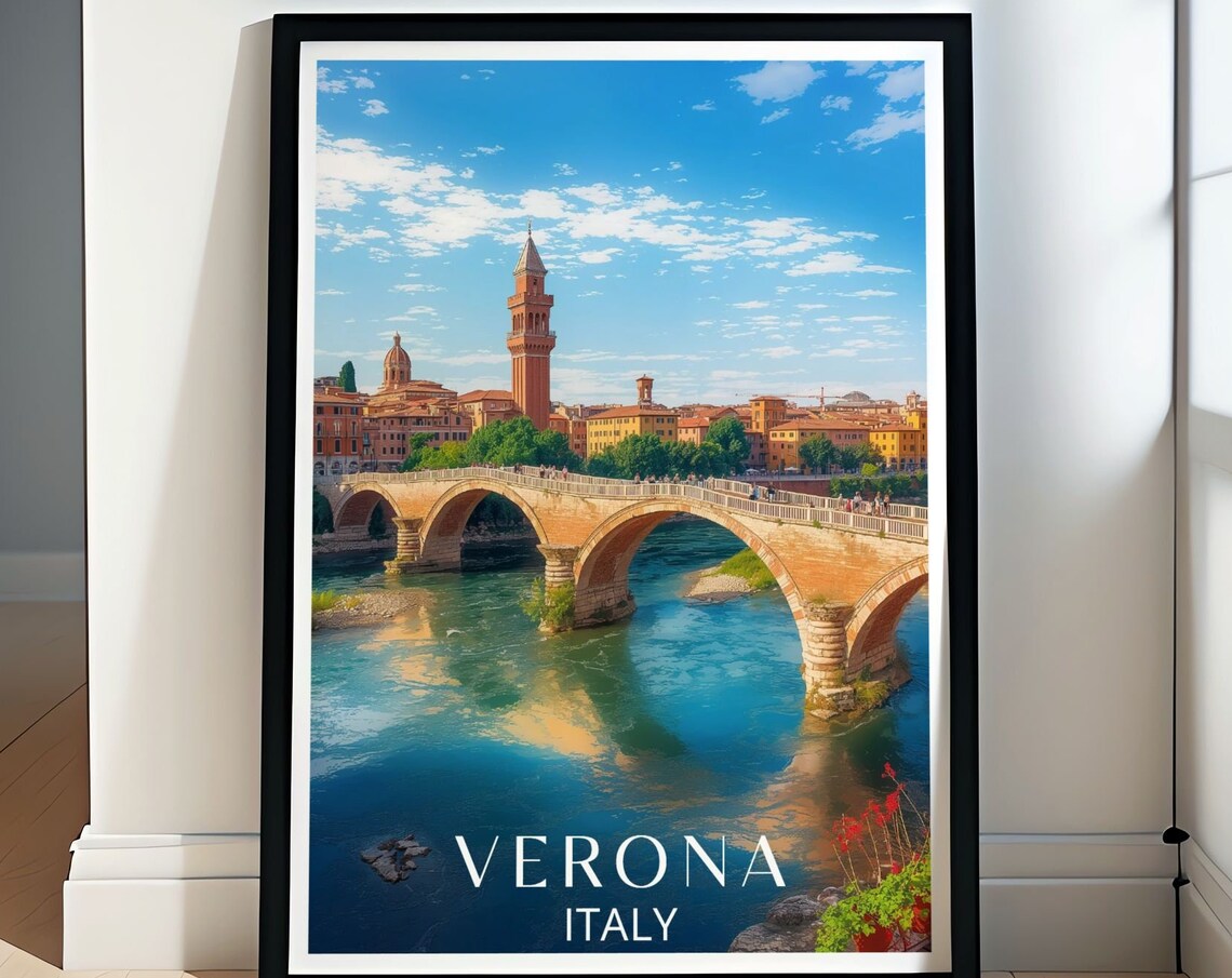 Verona Italy Ponte Pietra Bridge Over Adige River Travel Poster