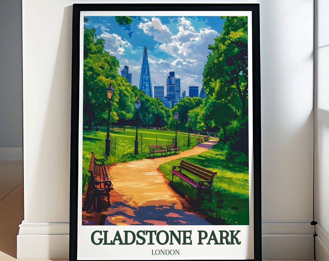 Gladstone Park London Skyline Benches Lawn Urban Travel Poster