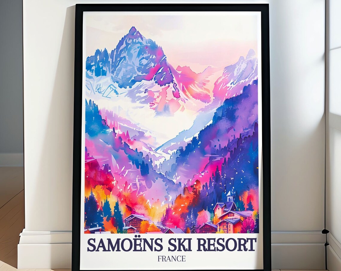 Samoens Ski Resort France Watercolor Snowy Peaks Village Travel Poster