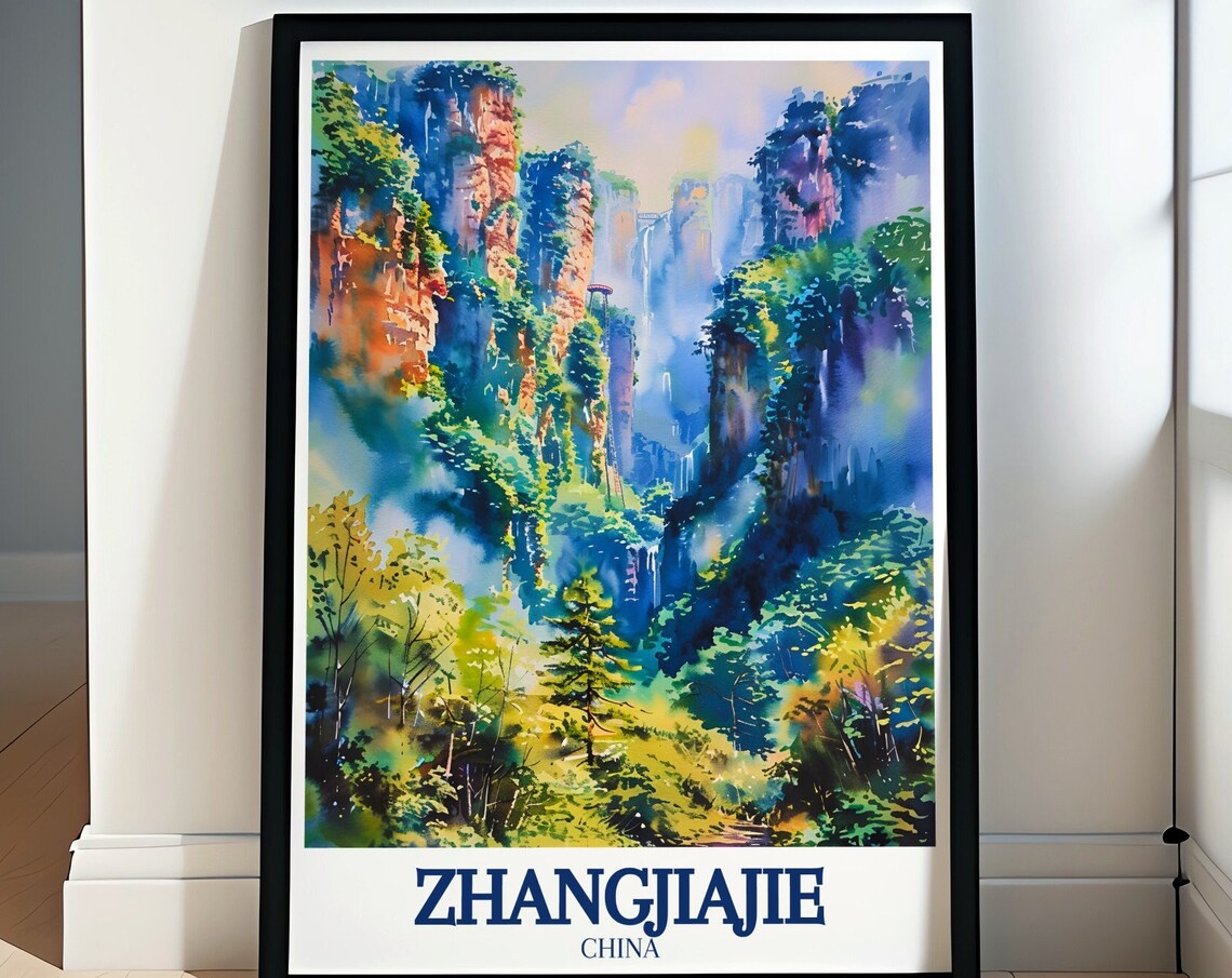 Zhangjiajie China Misty Pillar Forest Watercolor Scenic Travel Poster