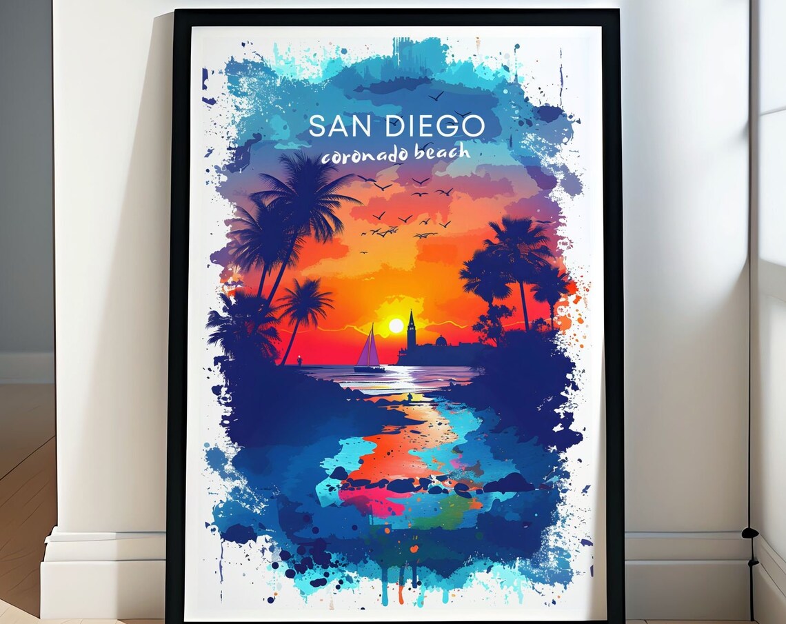 San Diego Coronado Beach Sunset Palms Watercolor Travel Poster