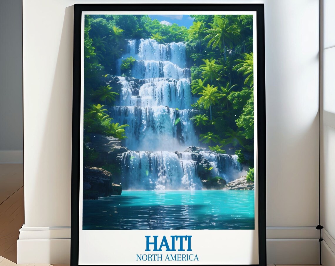 Haiti Tiered Waterfall Turquoise Pool Caribbean Travel Poster