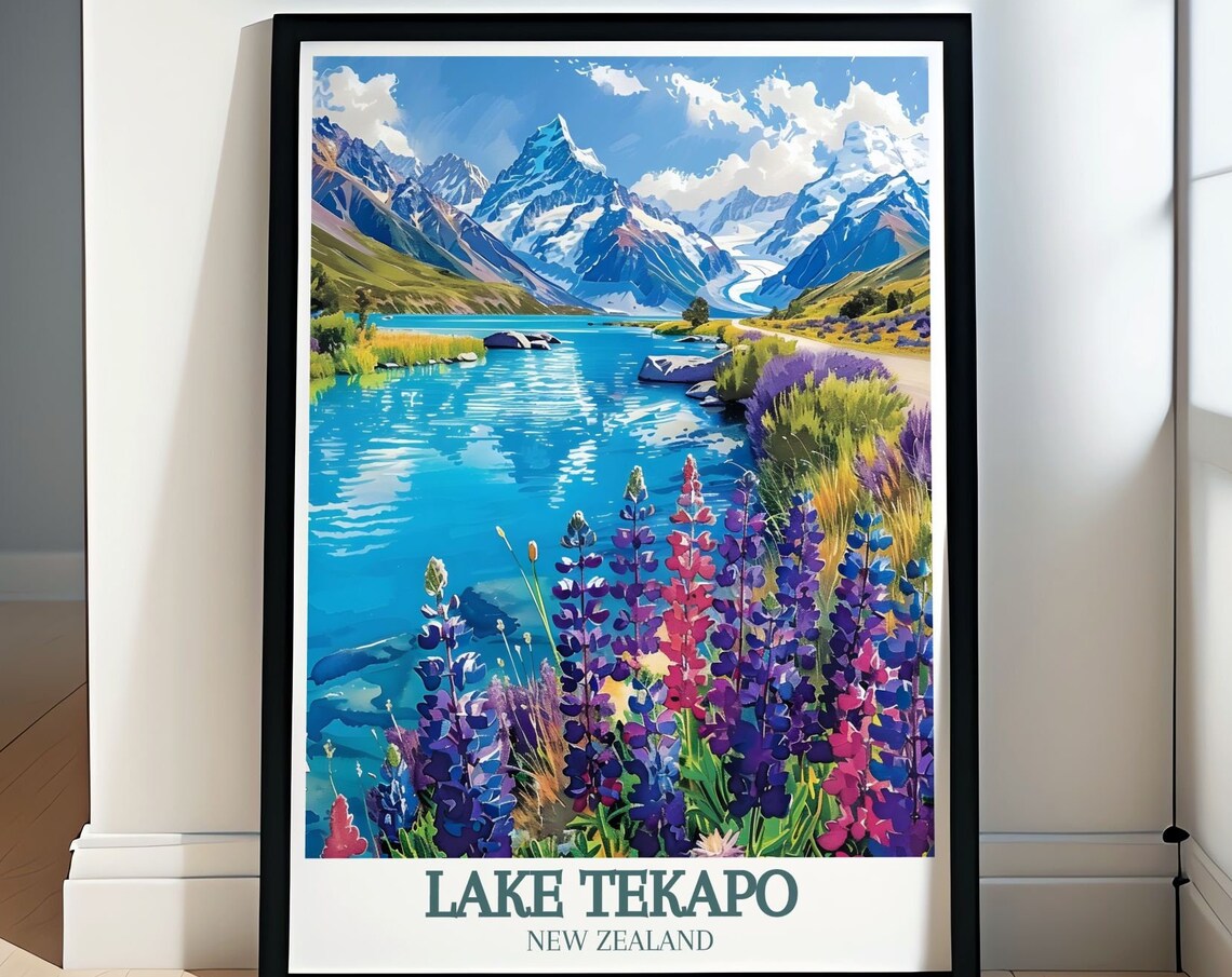 Lake Tekapo New Zealand Turquoise Lake With Purple Lupins Poster