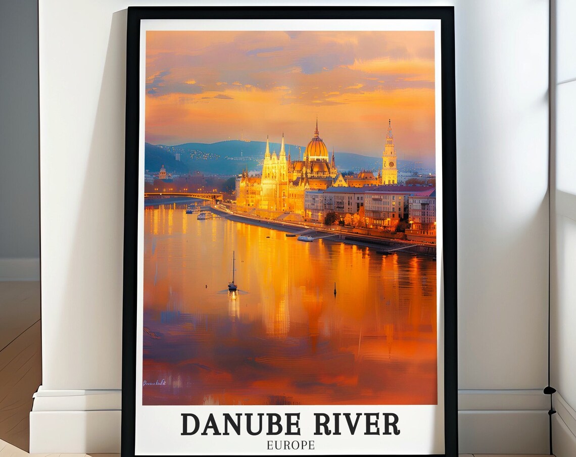 Danube River Budapest Parliament Building Golden Sunset Poster