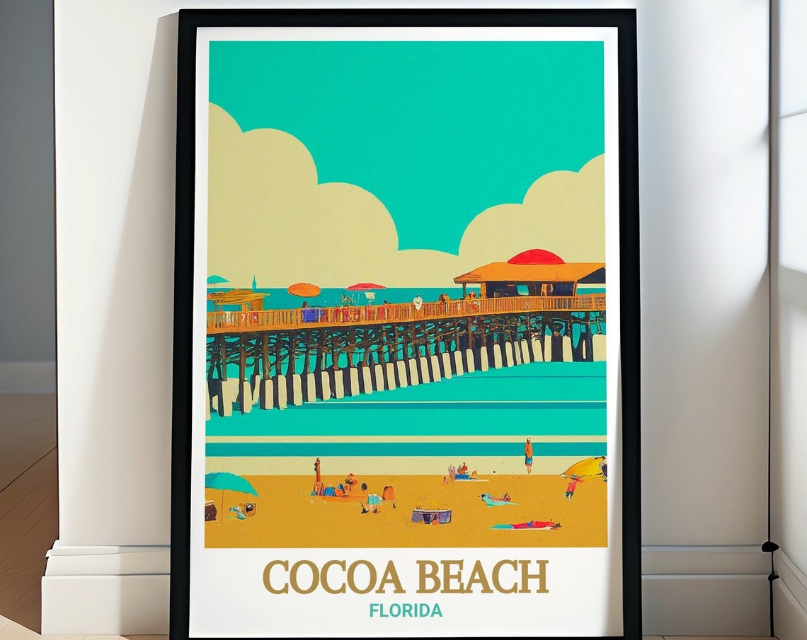 Cocoa Beach Florida Pier Day Vintage Beach Scene Travel Poster