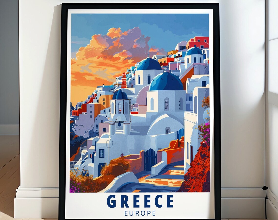 Santorini White Village Blue Domes Sunset Greece Travel Poster