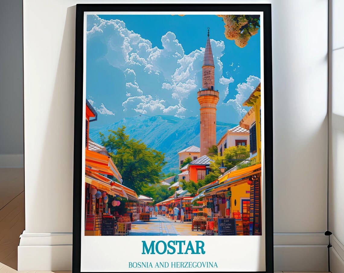 Mostar Old Bazaar Street Minaret Bosnia and Herzegovina Travel Poster