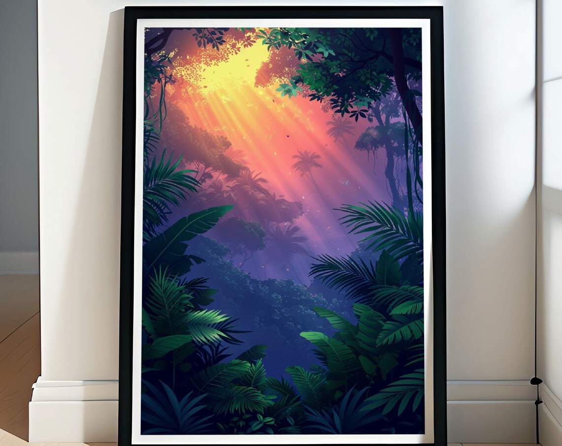 Golden Sunbeams Streaming Through Misty Tropical Jungle Lush Wall Art