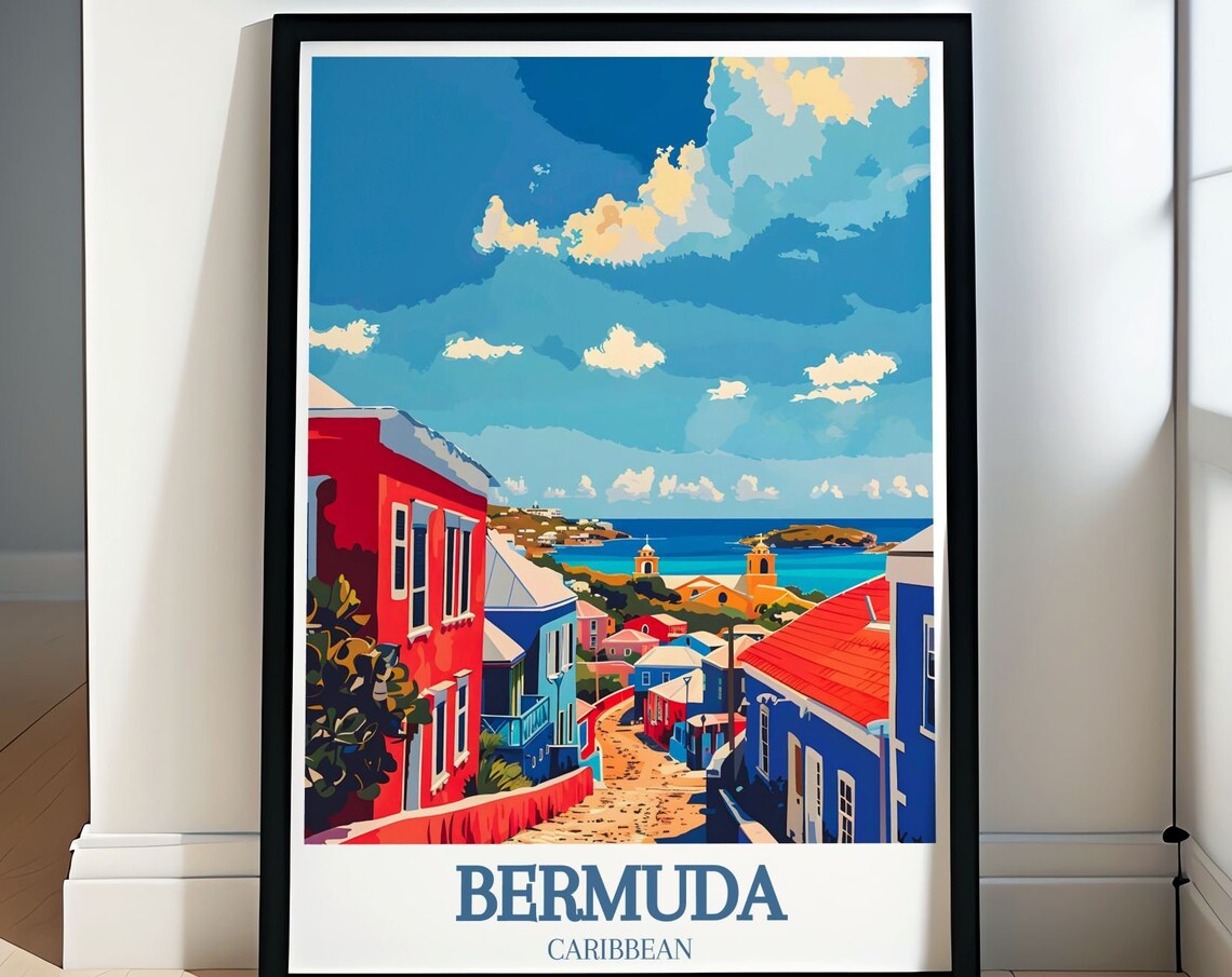 Bermuda Colorful Colonial Street Red Blue Houses Sea View Poster
