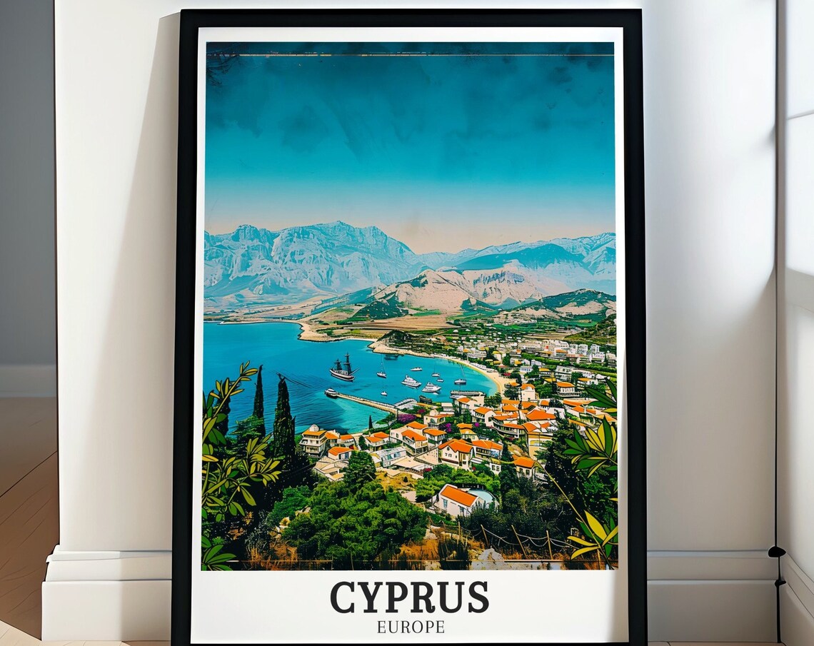 Cyprus Mediterranean Coastal Town Bay and Mountains Travel Poster