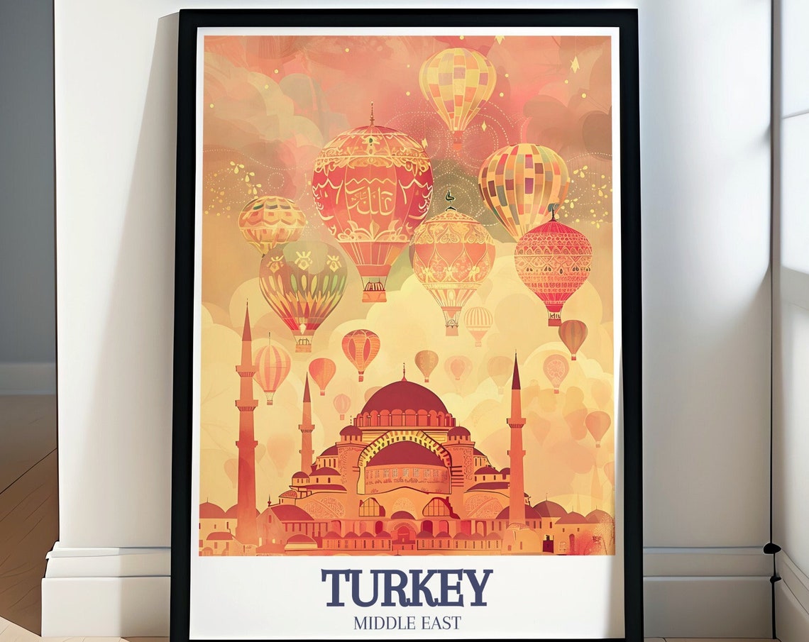 Turkey Mosque Dome Hot Air Balloons Sunrise Illustration Poster