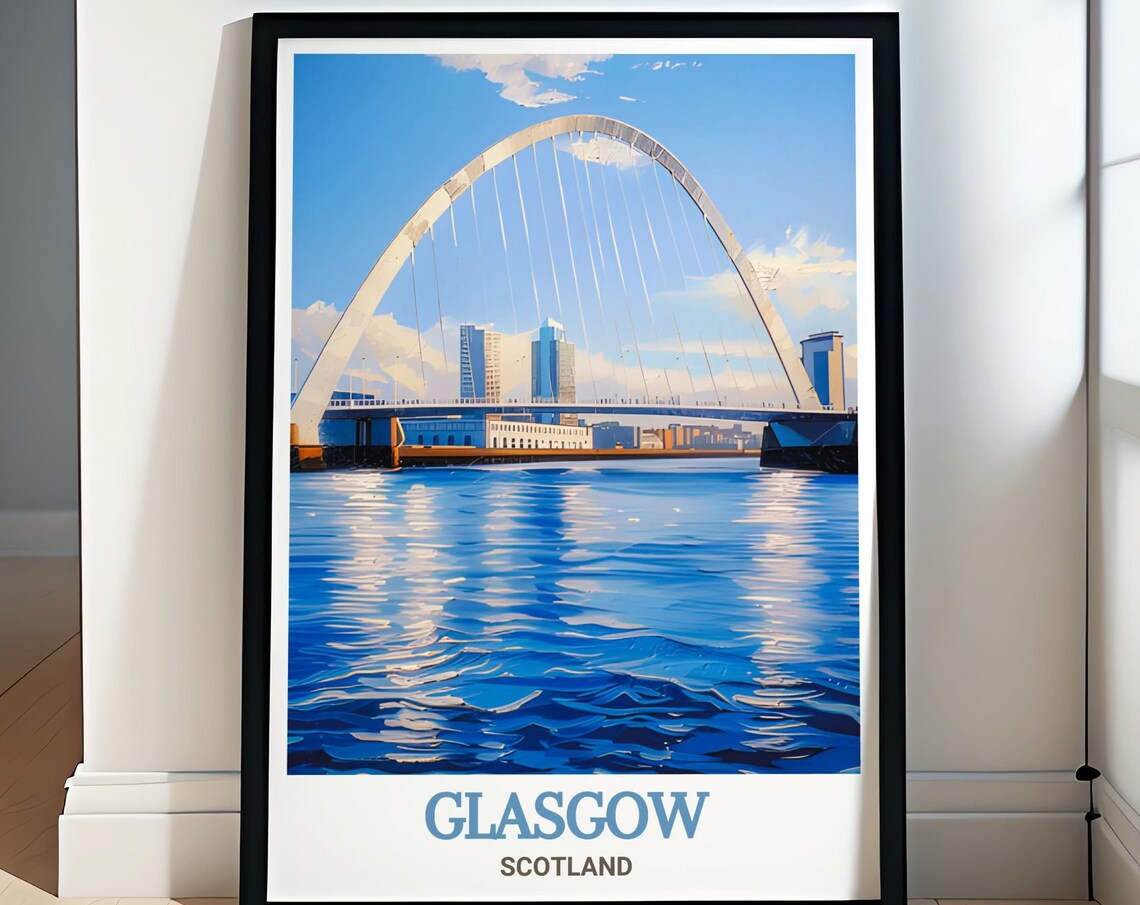 Glasgow Scotland Clyde Arc Bridge Over Sparkling Blue Water Poster