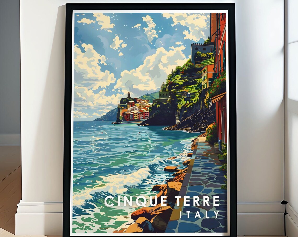 Vibrant Cinque Terre Italy Cliffside Coastal Village Travel Poster