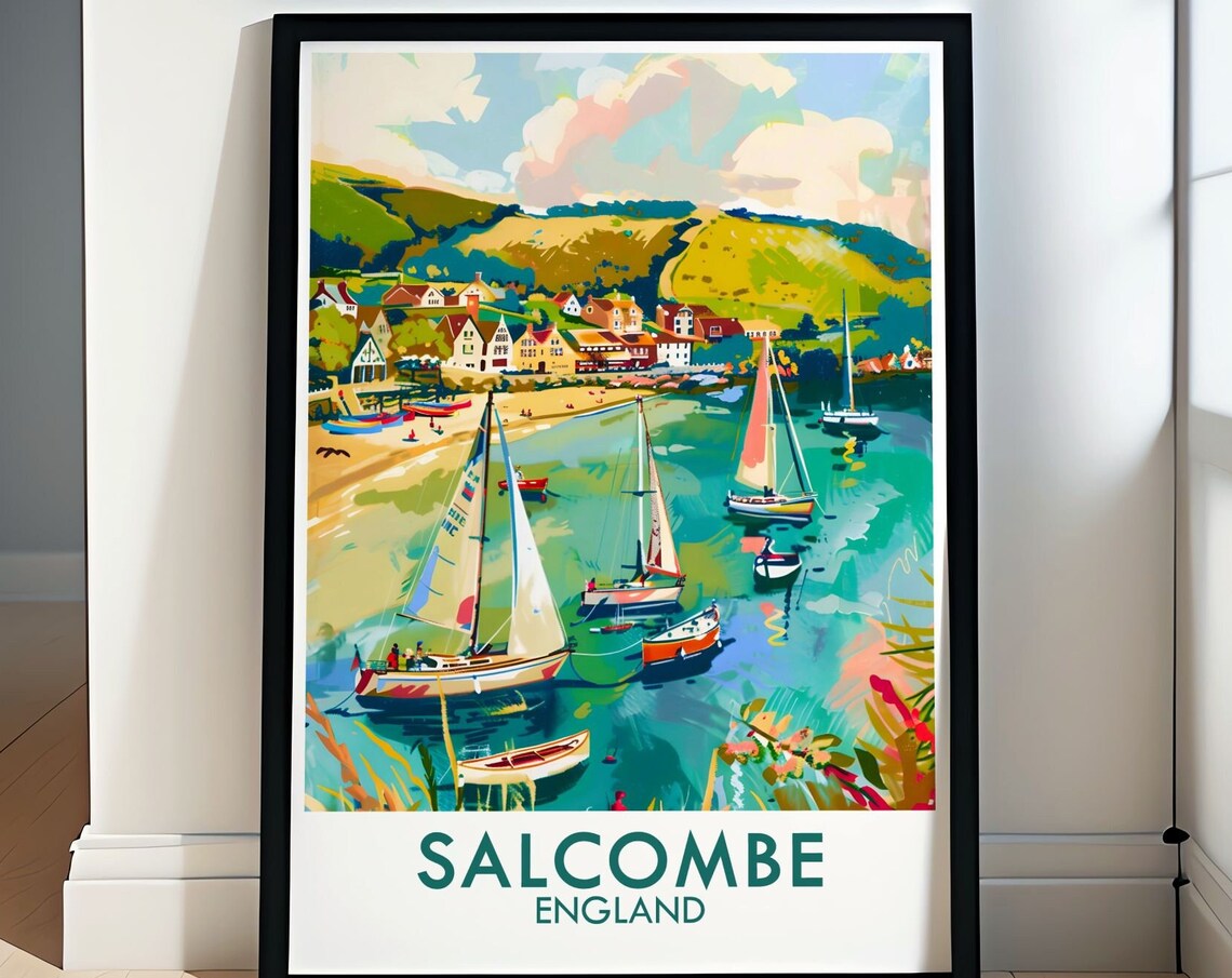 Salcombe England Estuary Sailboats Hillside Town Coastal Travel Poster