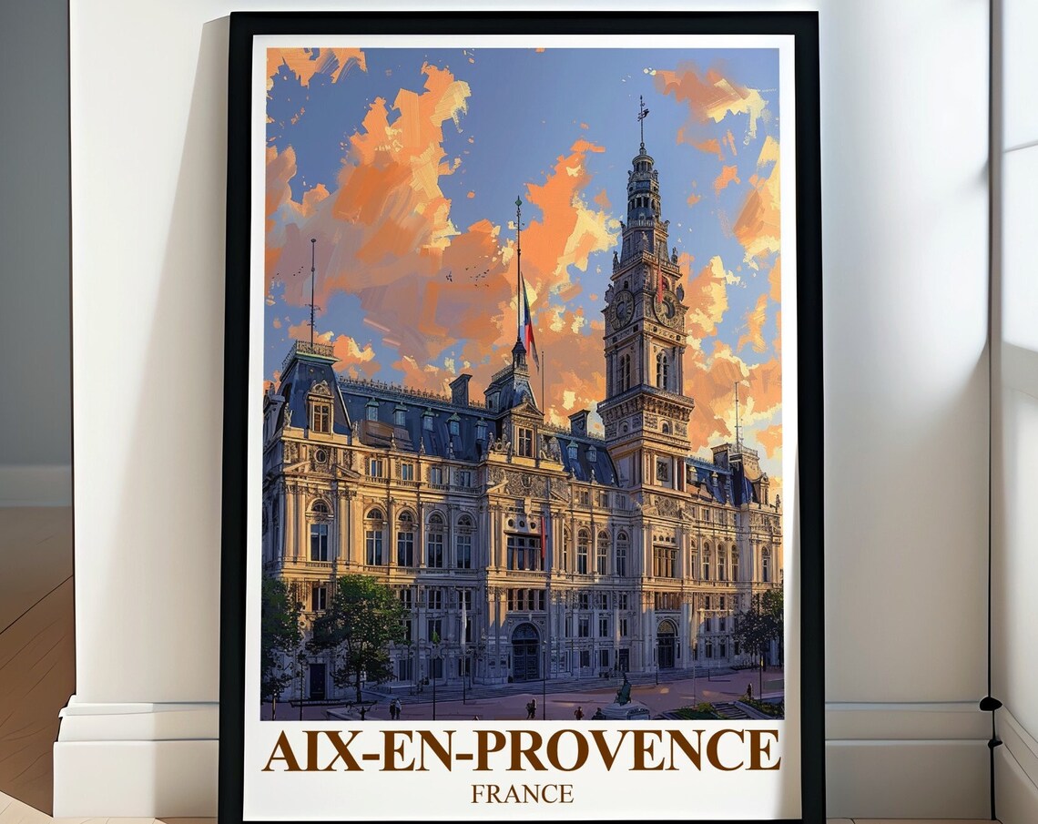 Aix-en-Provence Hotel de Ville Sunset Orange Sky Travel Poster