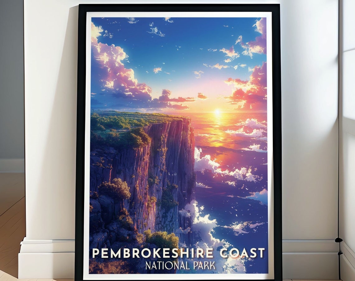 Pembrokeshire Coast Dramatic Cliffs Sunset Over the Sea Poster