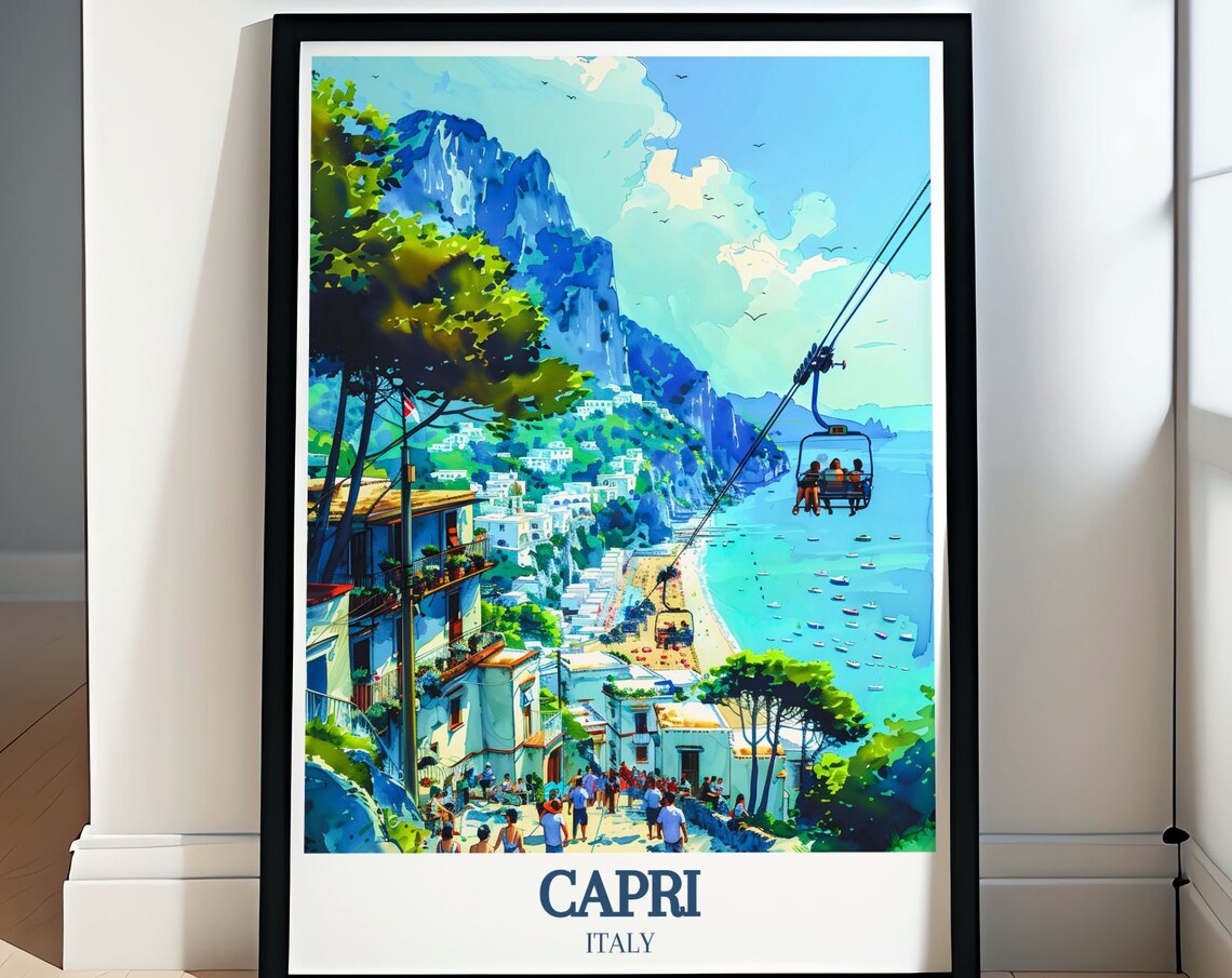 Capri Italy Chairlift Over Turquoise Bay Cliffs Coastline Poster