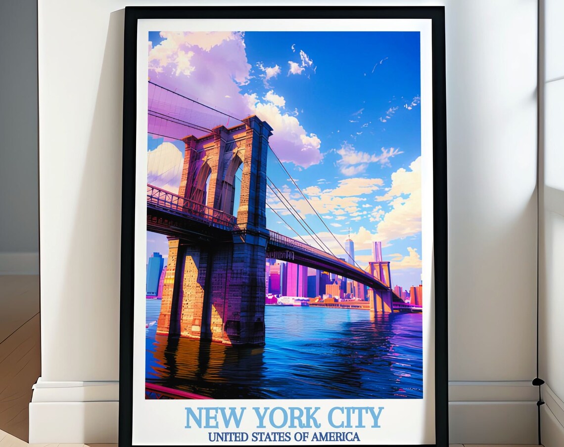 New York City Brooklyn Bridge Sunset Purple Sky Harbor Poster