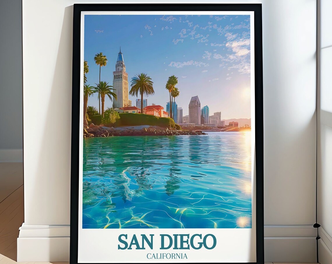 San Diego California Waterfront Tower Sunset Travel Scene Poster