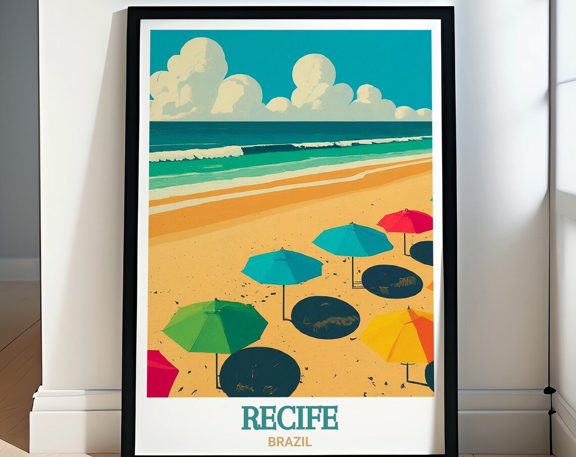 Recife Brazil Boa Viagem Beach Umbrellas Ocean Shore Travel Poster