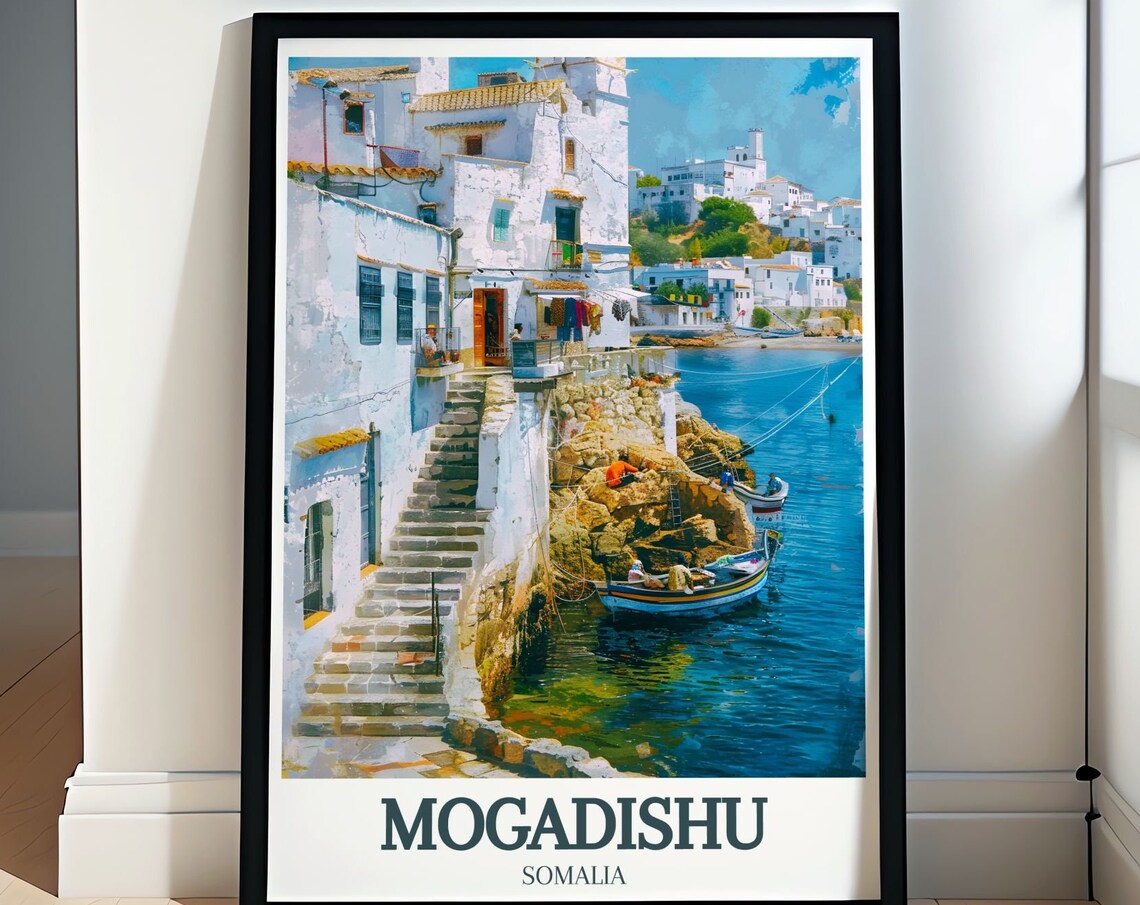 Mogadishu Somalia Whitewashed Coastal Harbor Old Town Travel Poster