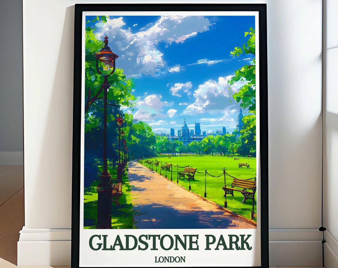 Gladstone Park London Green Lawn Lamp Path Sunny Travel Poster