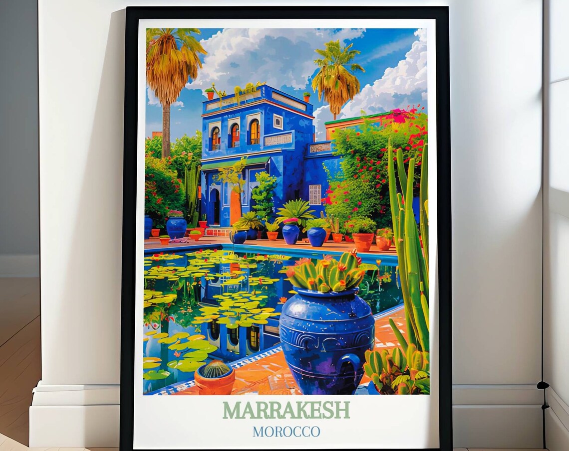 Marrakesh Morocco Majorelle Garden Blue Villa by Lily Pond Poster