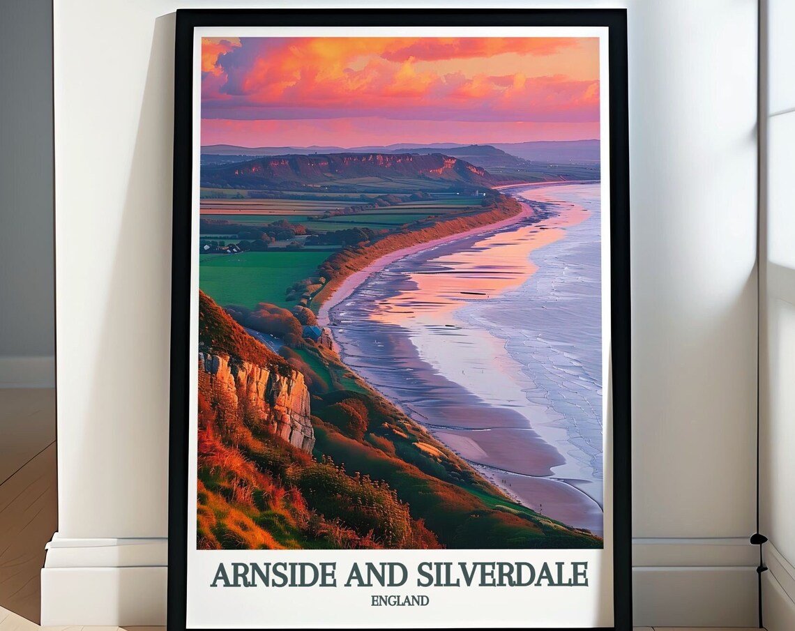 Arnside And Silverdale England Travel Poster Pink Sunset Shoreline
