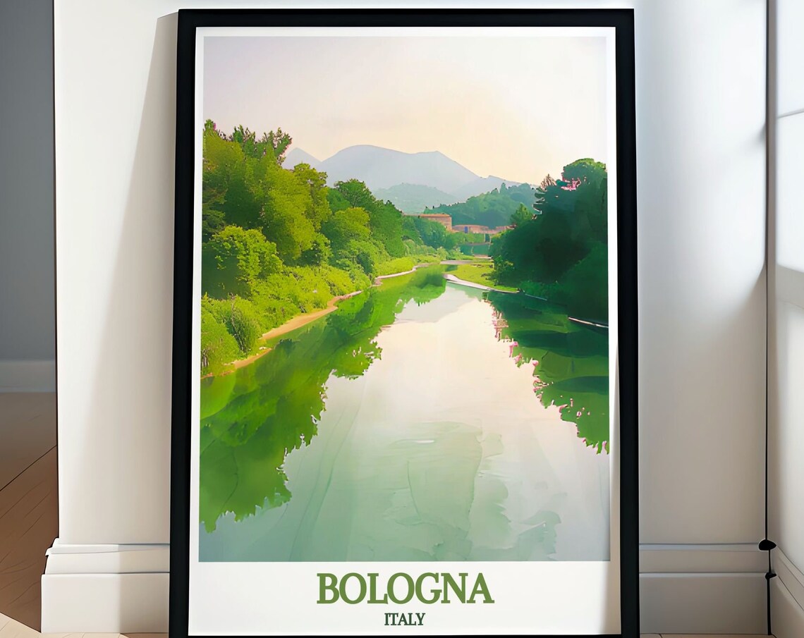 Bologna Italy Reno River Lush Green Banks Mountain View Poster