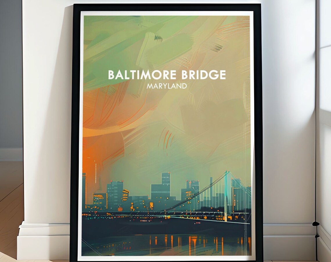 Baltimore Bridge Night Skyline Maryland Abstract Travel Art Poster