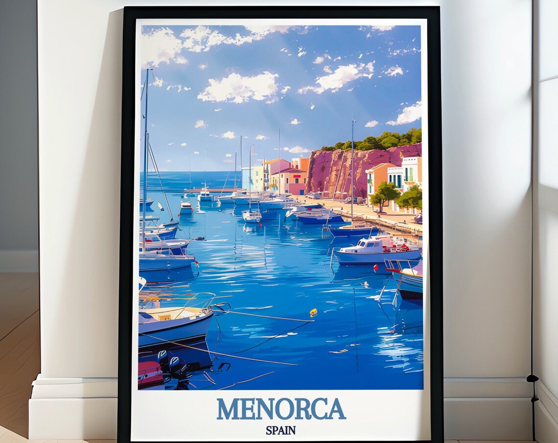 Menorca Harbor Marina Blue Water Boats Sun Travel Art Poster