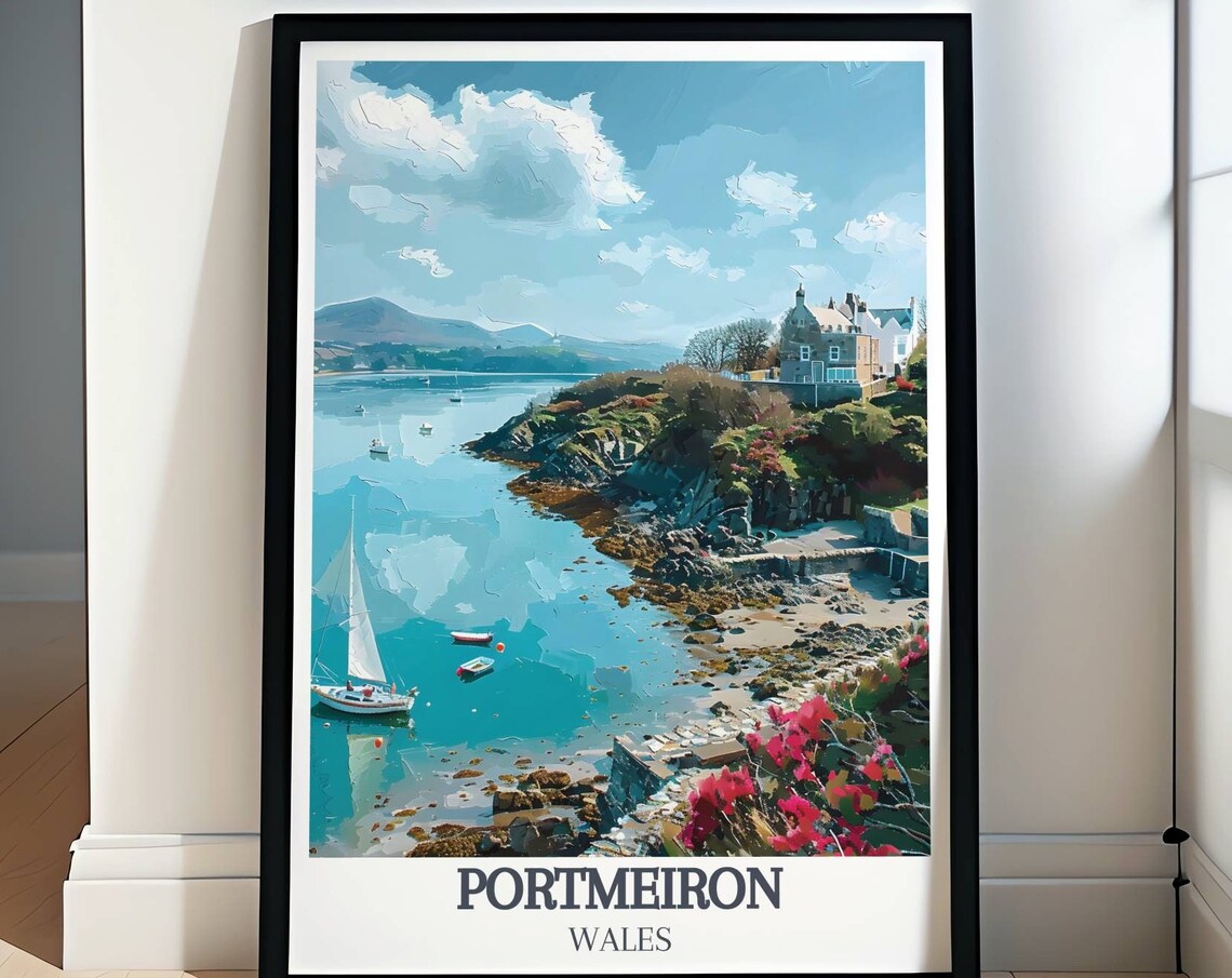 Portmeirion Turquoise Bay Sailboats and Coastal Villa Wales Poster