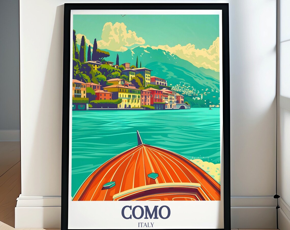 Bellagio Village Lake Como Wooden Boat Waterfront Travel Poster