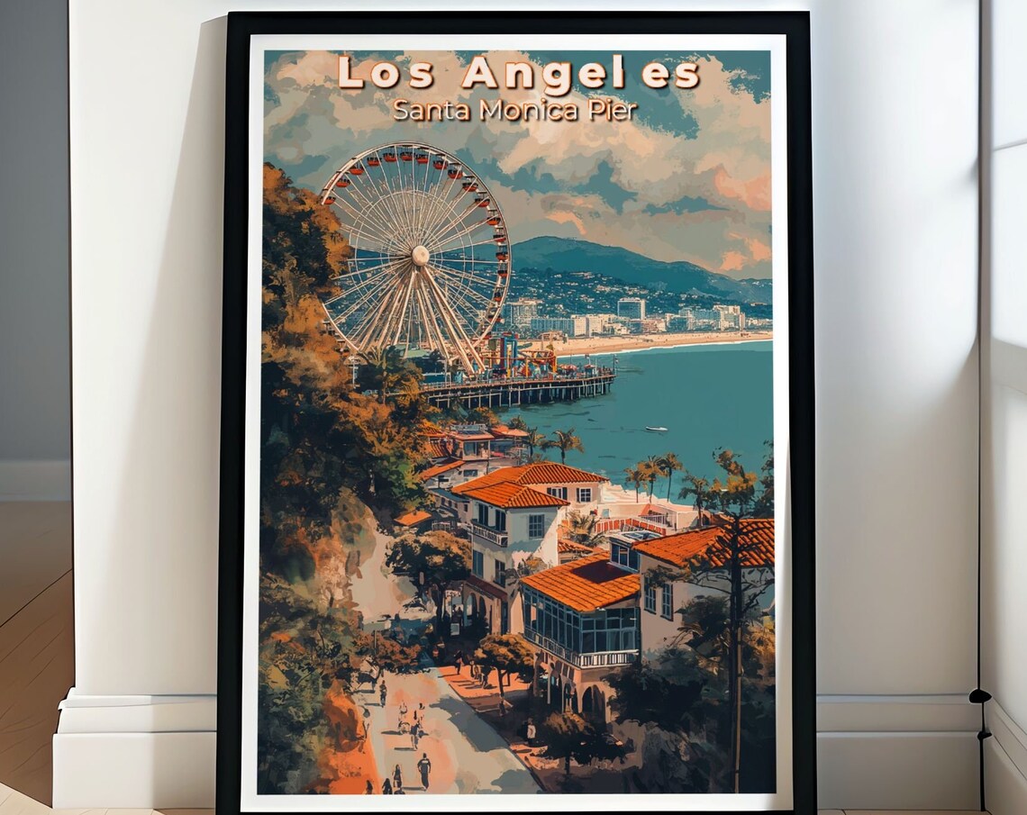 Los Angeles Santa Monica Pier Ferris Wheel Retro Sunset Travel Poster