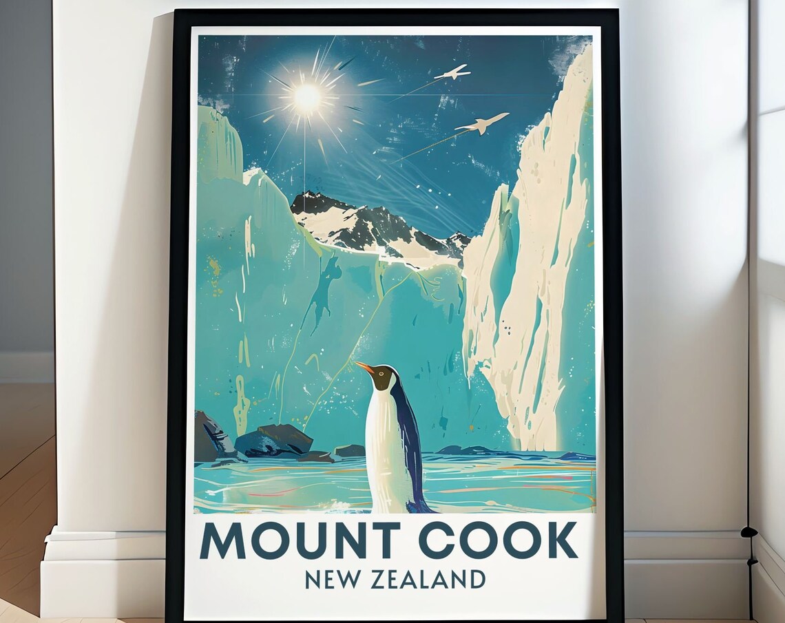 Tasman Glacier Penguin at Mount Cook New Zealand Travel Poster